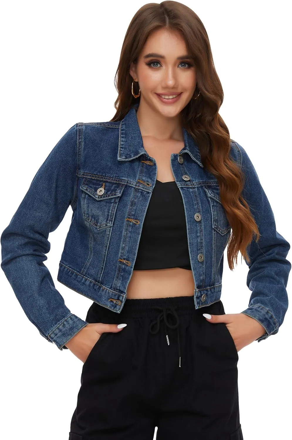 PEIQI Women’s Cropped Jean Denim Jacket Button Down Long Sleeve with Pockets