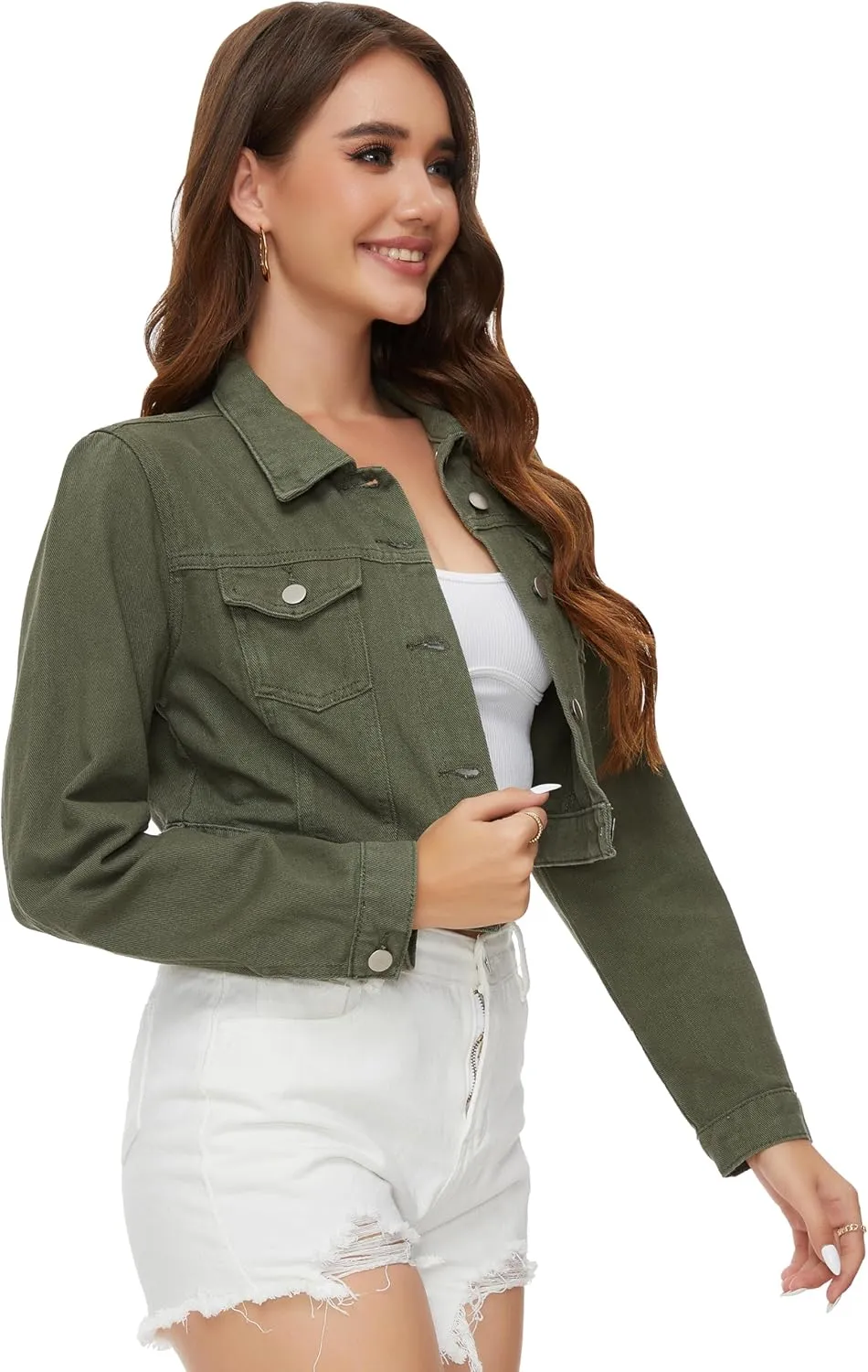 PEIQI Women’s Cropped Jean Denim Jacket Button Down Long Sleeve with Pockets