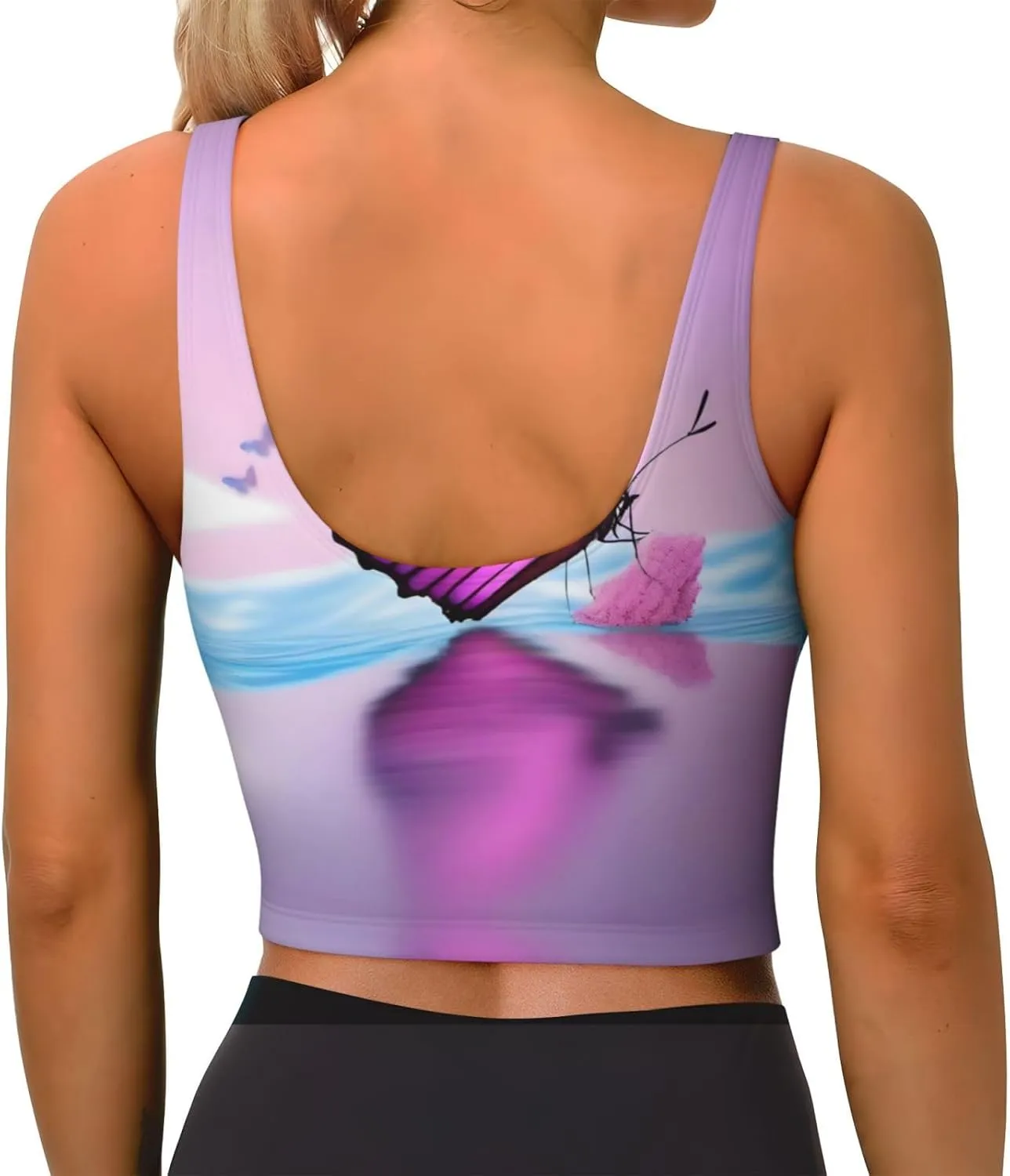 Pink Butterfly with Women's Sexy Sports Vest Sleeveless Athletic Gym T-Shirts Vest U-Shaped Back Quick Dry Top