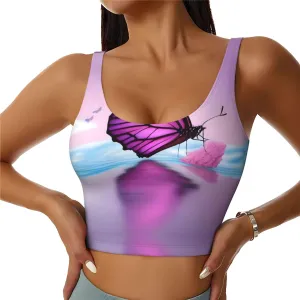 Pink Butterfly with Women's Sexy Sports Vest Sleeveless Athletic Gym T-Shirts Vest U-Shaped Back Quick Dry Top