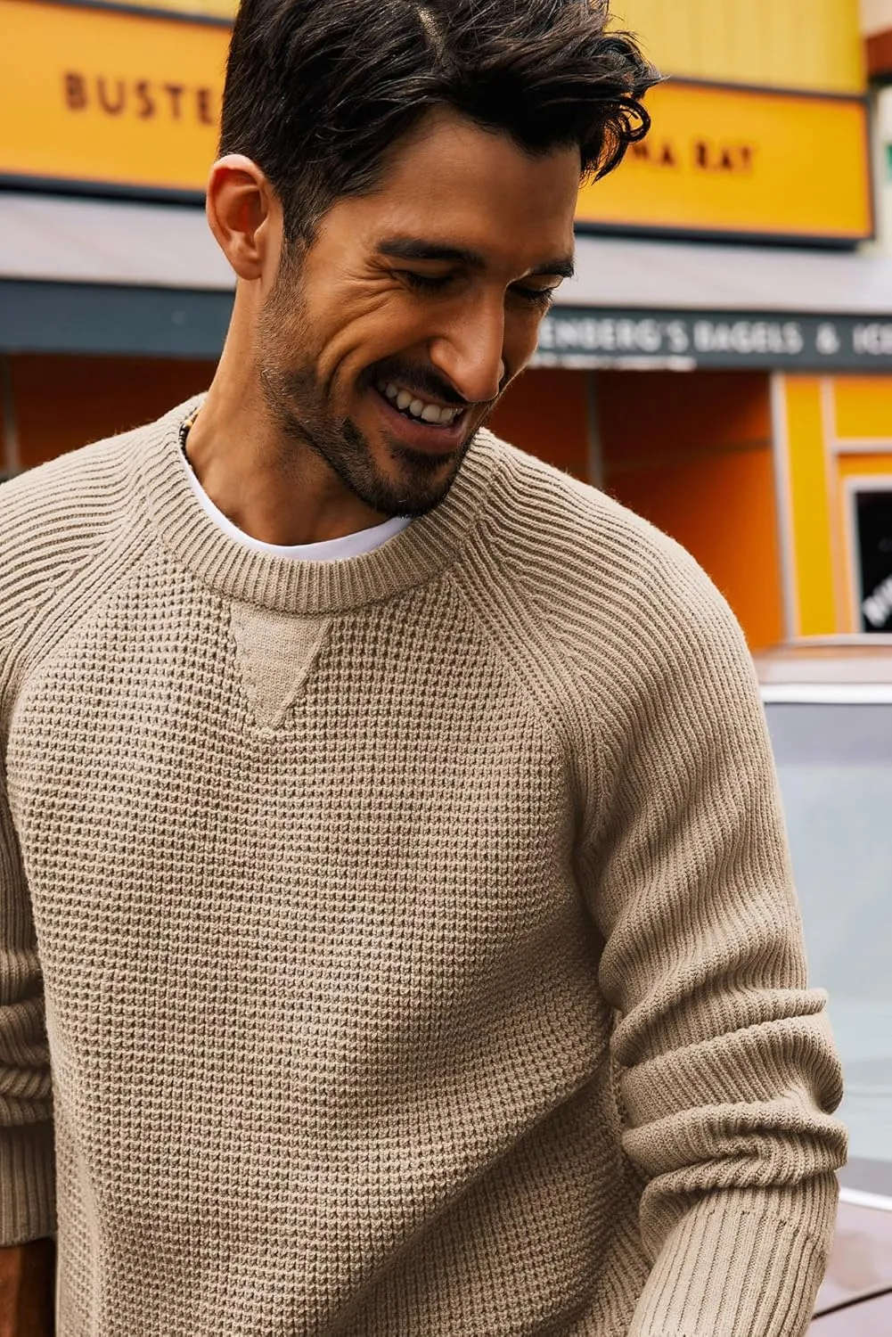 PJ PAUL JONES Mens Crewneck Sweater Waffle Knitted Pullover Sweaters Raglan Sleeve Knitwear Sweaters