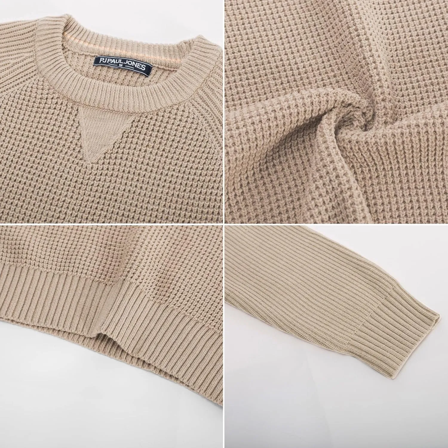 PJ PAUL JONES Mens Crewneck Sweater Waffle Knitted Pullover Sweaters Raglan Sleeve Knitwear Sweaters
