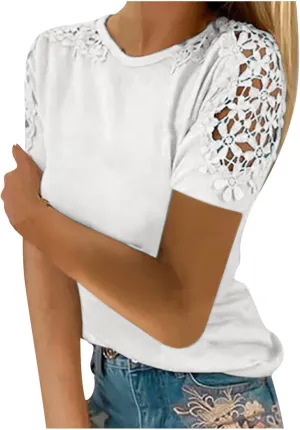 Plain T Shirts for Women 2023 Dressy Casual Short Sleeve Lace Blouse Sexy Crew Neck Solid Summer Top Classic Work Tee