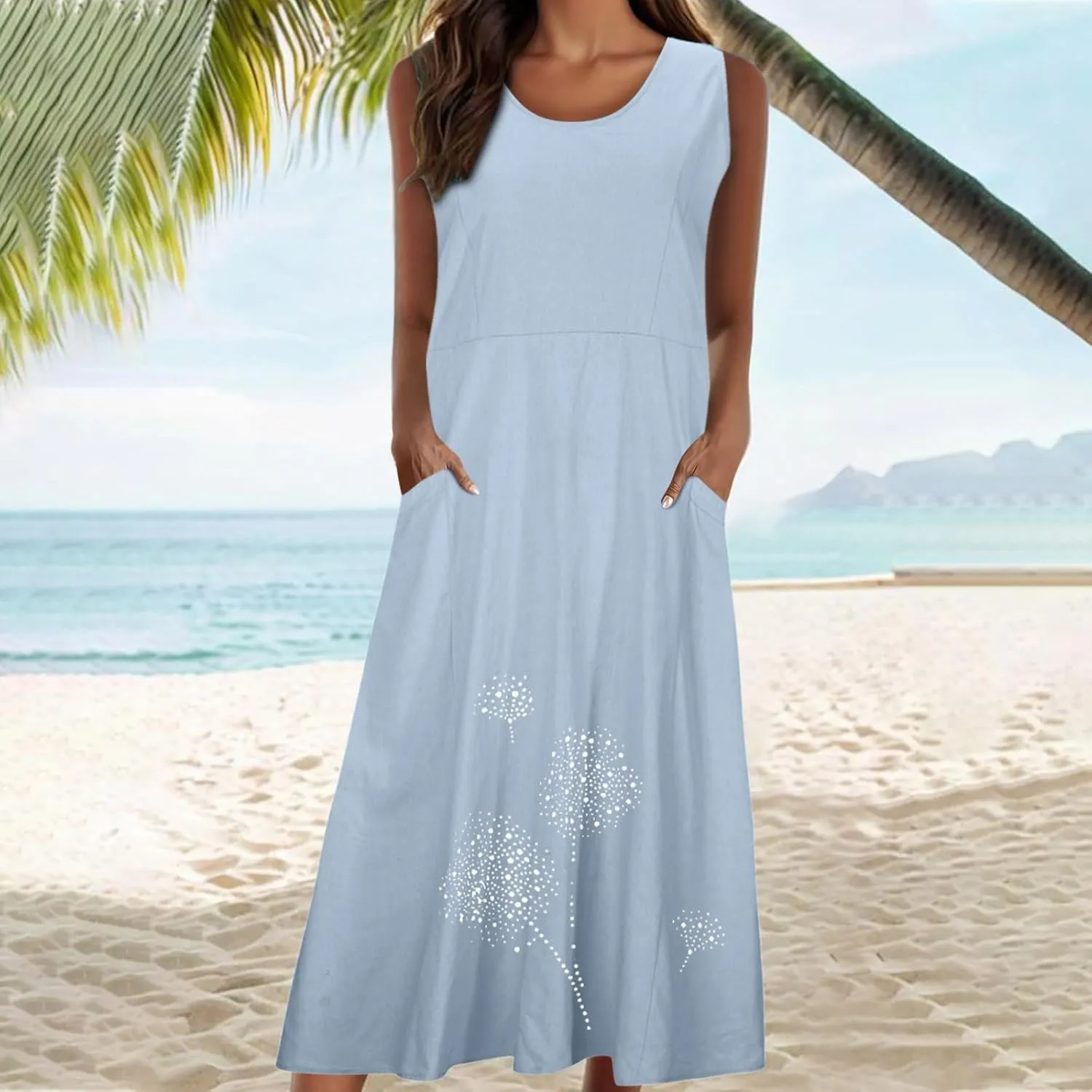 Plus Size Dresses for Women 2025 Casual Summer Boho Long Dress Dandelion Print Tank Beach Sundress with Pockets