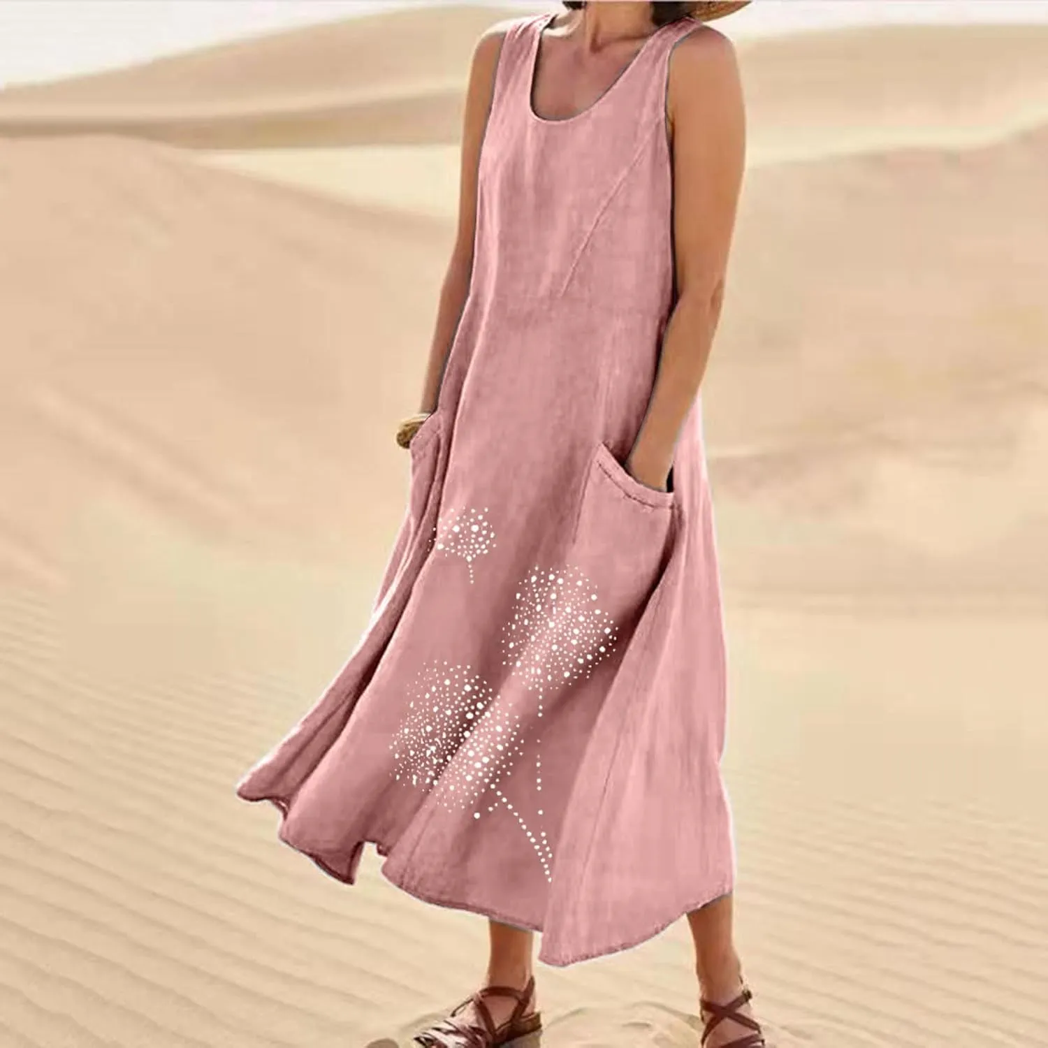 Plus Size Dresses for Women 2025 Casual Summer Boho Long Dress Dandelion Print Tank Beach Sundress with Pockets
