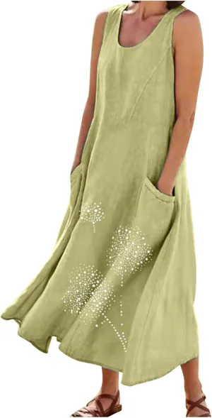 Plus Size Dresses for Women 2025 Casual Summer Boho Long Dress Dandelion Print Tank Beach Sundress with Pockets