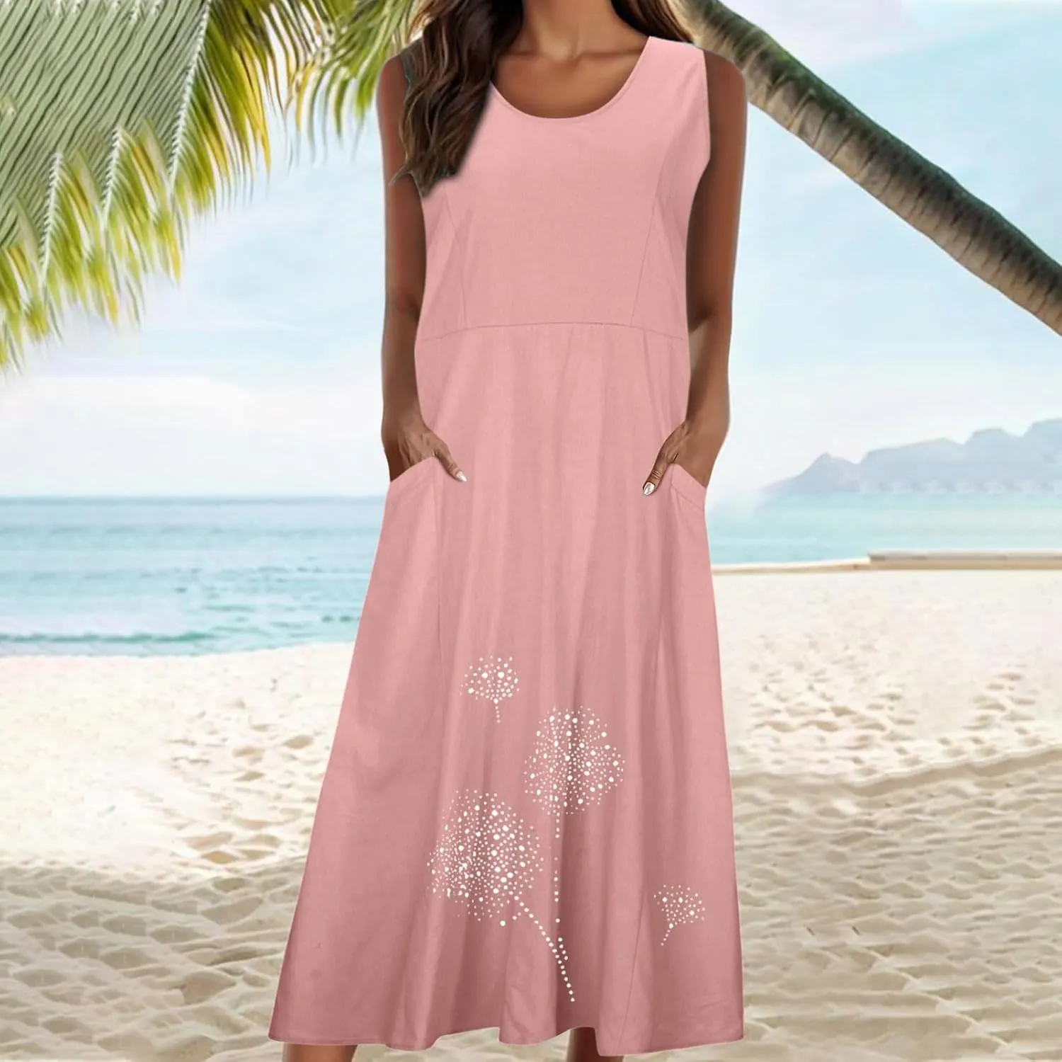 Plus Size Dresses for Women 2025 Casual Summer Boho Long Dress Dandelion Print Tank Beach Sundress with Pockets
