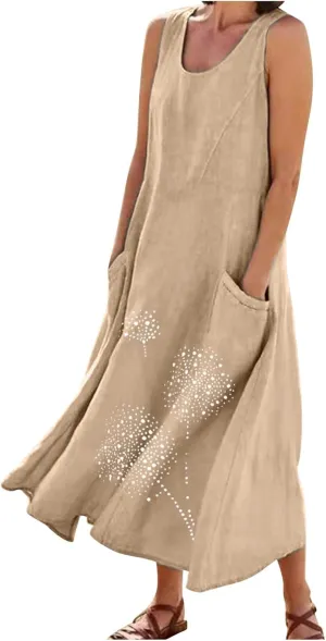 Plus Size Dresses for Women 2025 Casual Summer Boho Long Dress Dandelion Print Tank Beach Sundress with Pockets