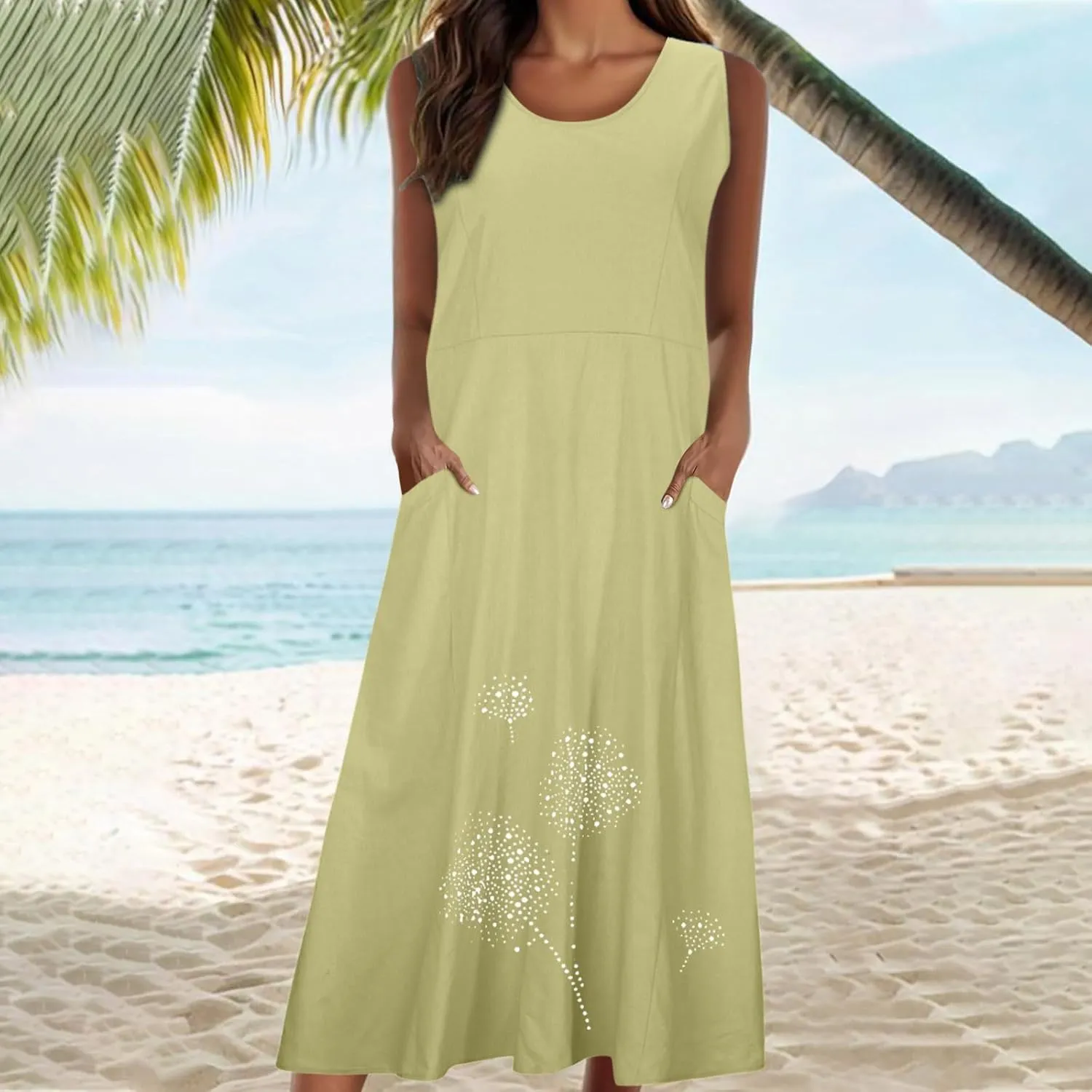 Plus Size Dresses for Women 2025 Casual Summer Boho Long Dress Dandelion Print Tank Beach Sundress with Pockets