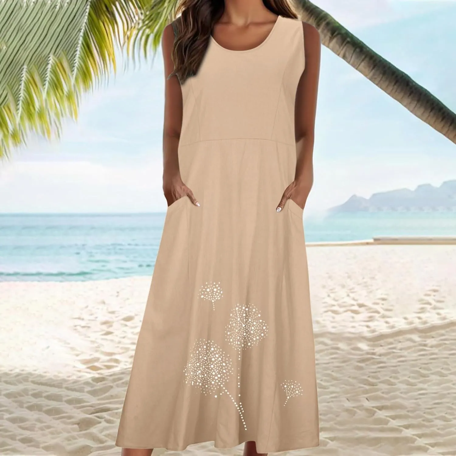 Plus Size Dresses for Women 2025 Casual Summer Boho Long Dress Dandelion Print Tank Beach Sundress with Pockets