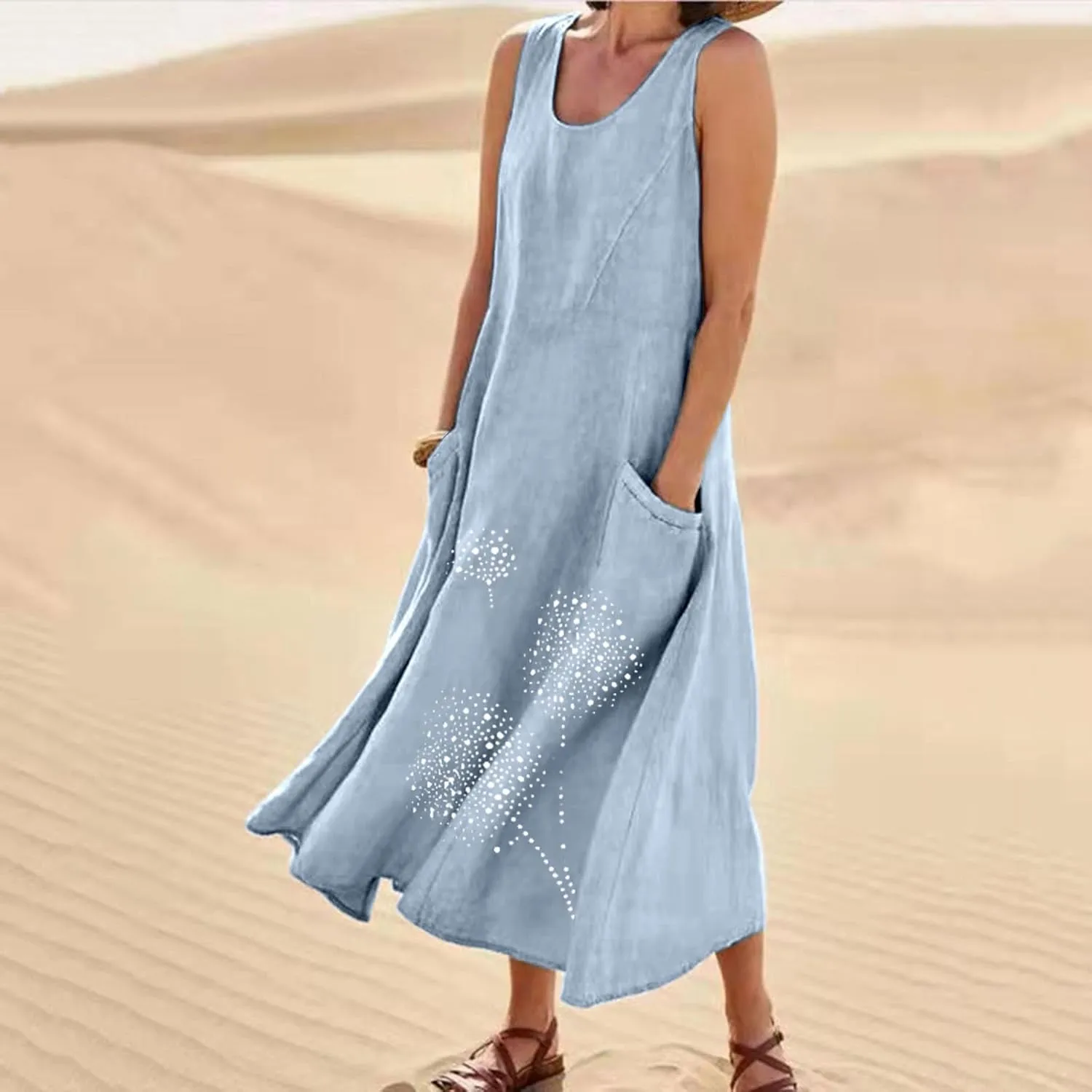 Plus Size Dresses for Women 2025 Casual Summer Boho Long Dress Dandelion Print Tank Beach Sundress with Pockets