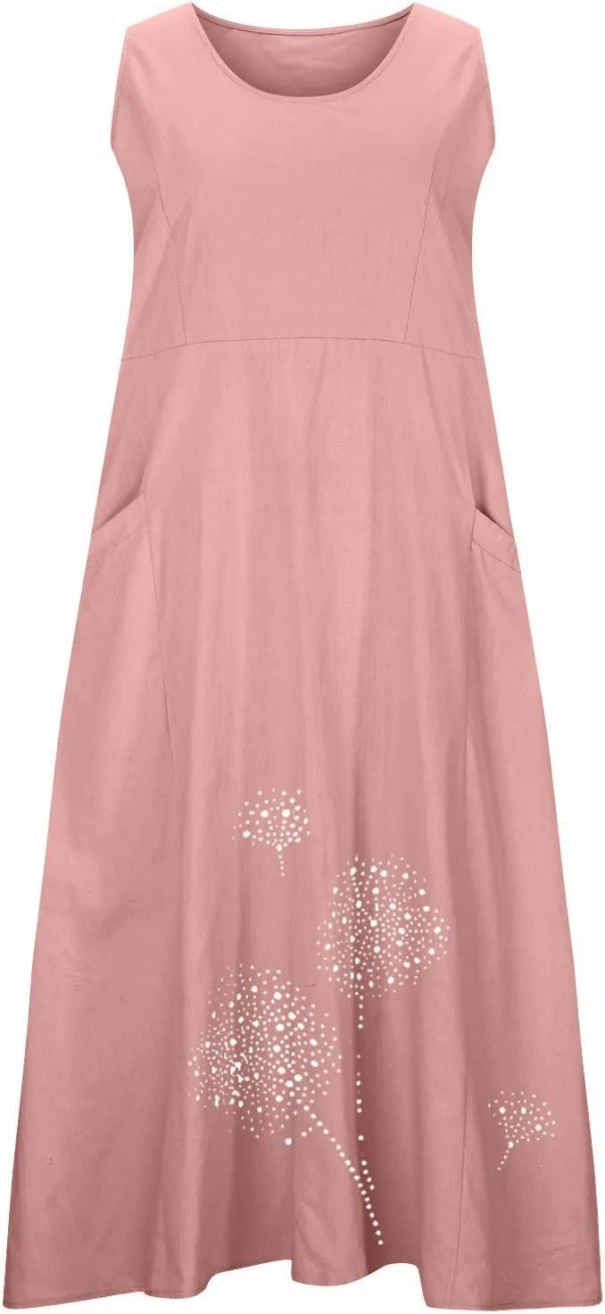Plus Size Dresses for Women 2025 Casual Summer Boho Long Dress Dandelion Print Tank Beach Sundress with Pockets