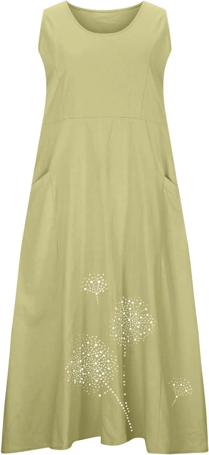 Plus Size Dresses for Women 2025 Casual Summer Boho Long Dress Dandelion Print Tank Beach Sundress with Pockets