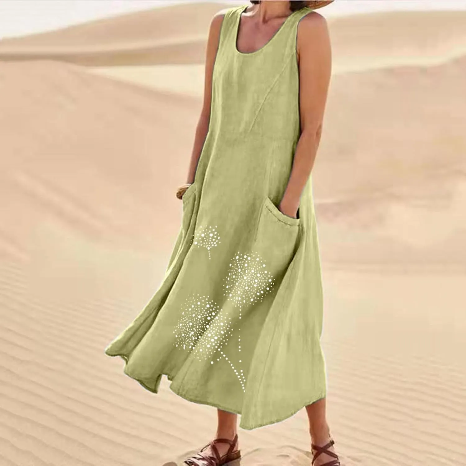 Plus Size Dresses for Women 2025 Casual Summer Boho Long Dress Dandelion Print Tank Beach Sundress with Pockets