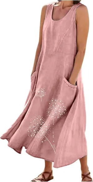 Plus Size Dresses for Women 2025 Casual Summer Boho Long Dress Dandelion Print Tank Beach Sundress with Pockets