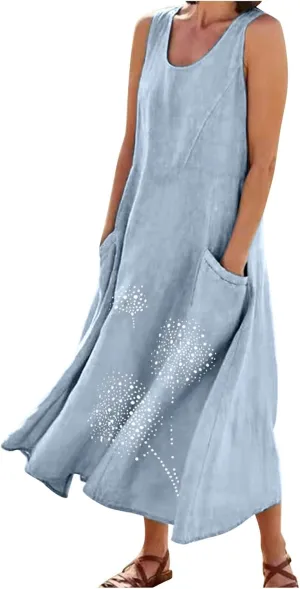 Plus Size Dresses for Women 2025 Casual Summer Boho Long Dress Dandelion Print Tank Beach Sundress with Pockets