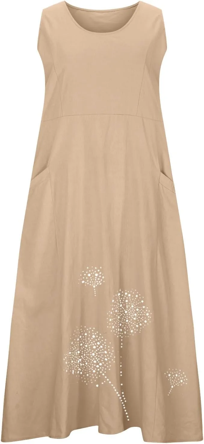 Plus Size Dresses for Women 2025 Casual Summer Boho Long Dress Dandelion Print Tank Beach Sundress with Pockets
