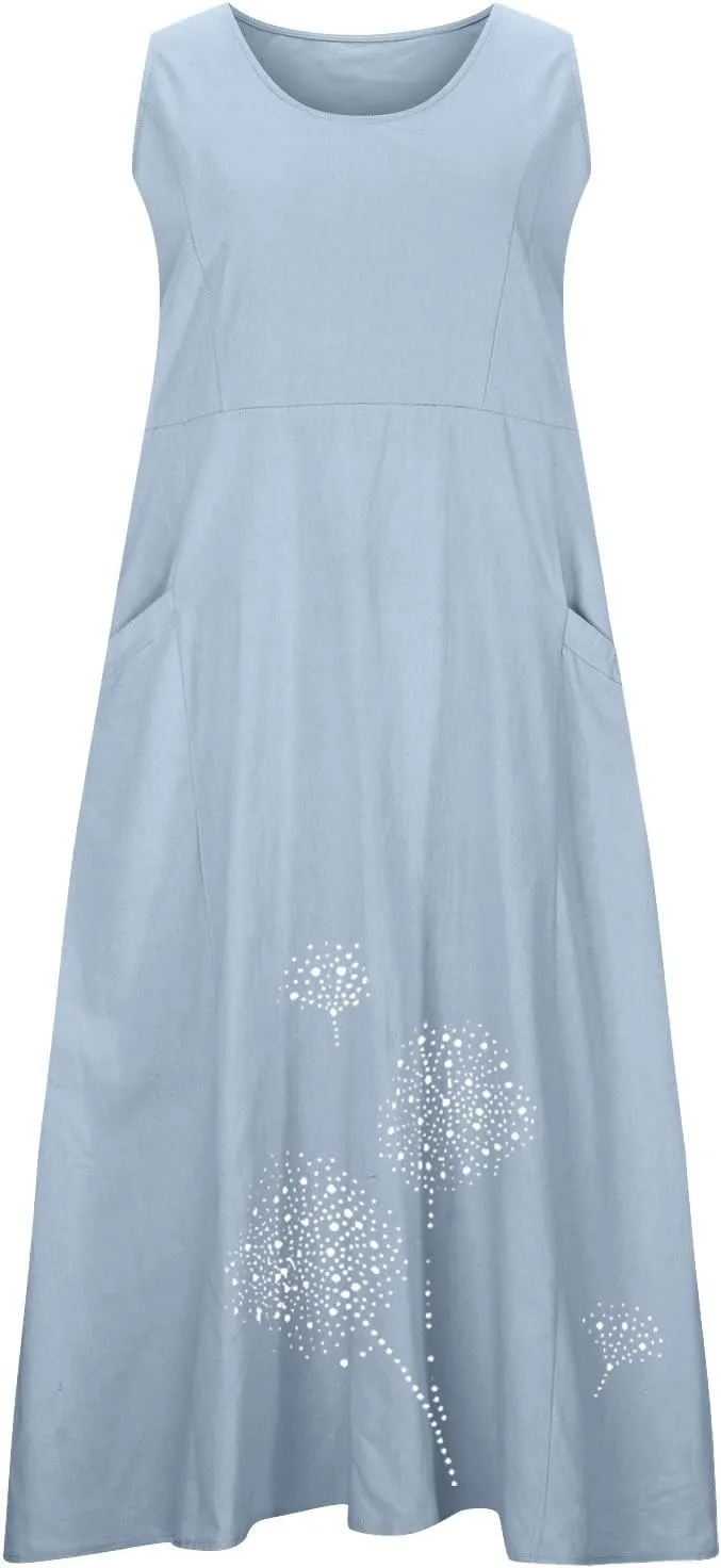 Plus Size Dresses for Women 2025 Casual Summer Boho Long Dress Dandelion Print Tank Beach Sundress with Pockets