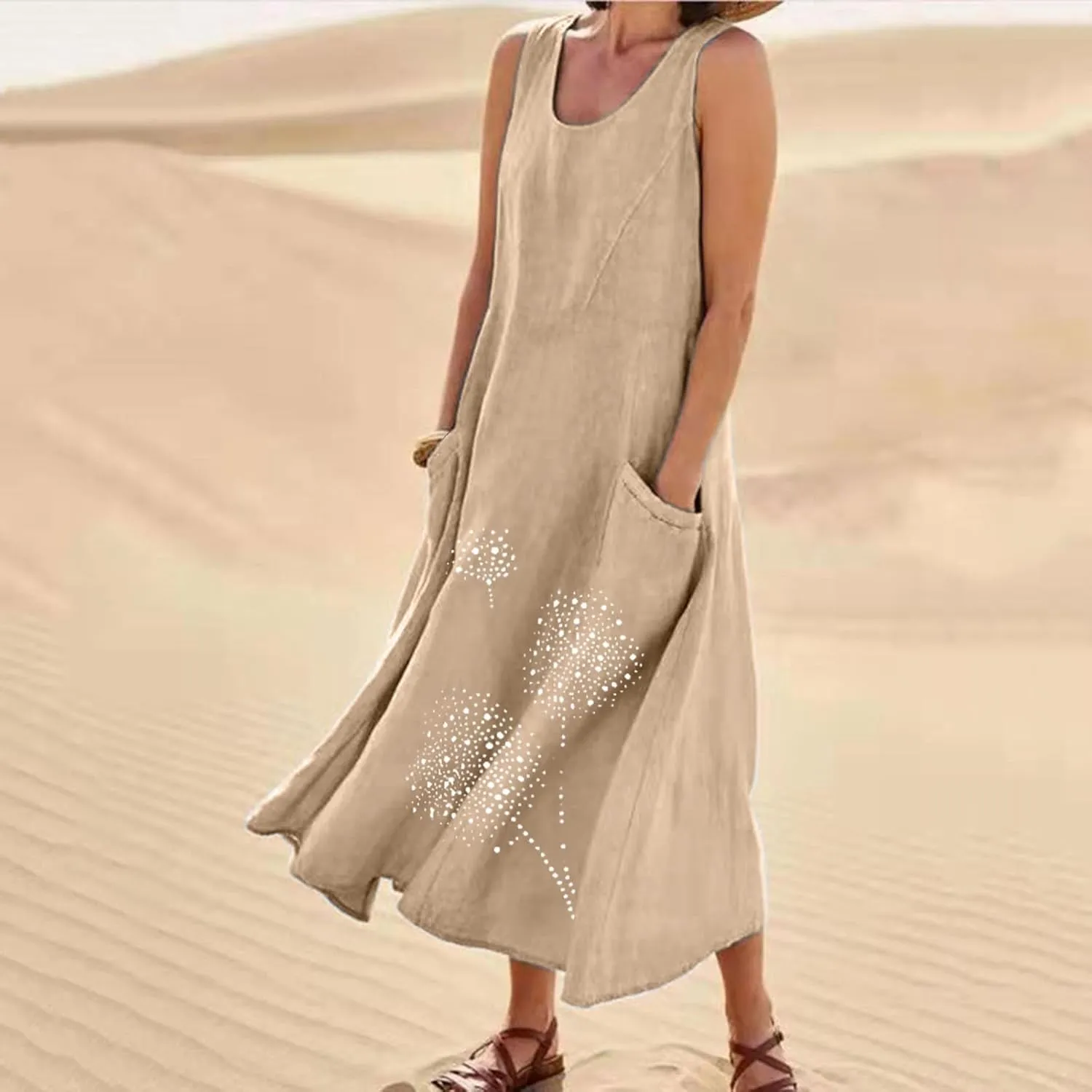Plus Size Dresses for Women 2025 Casual Summer Boho Long Dress Dandelion Print Tank Beach Sundress with Pockets