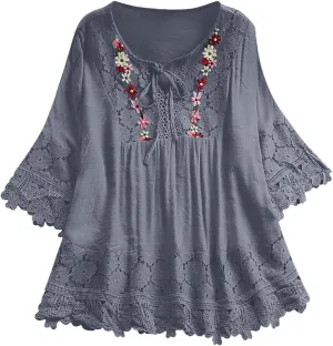 Plus Size Linen Blouse Women Vintage Lace Patchwork Bow V-Neck Embroidery Summer 3/4 Sleeve Retro Tops T-Shirt