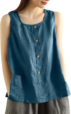Plus Size Tank Tops Womens Summer Cotton Linen Sleeveless Button Decor Blouse Casual Fashion Loose Fit Beach Shirts