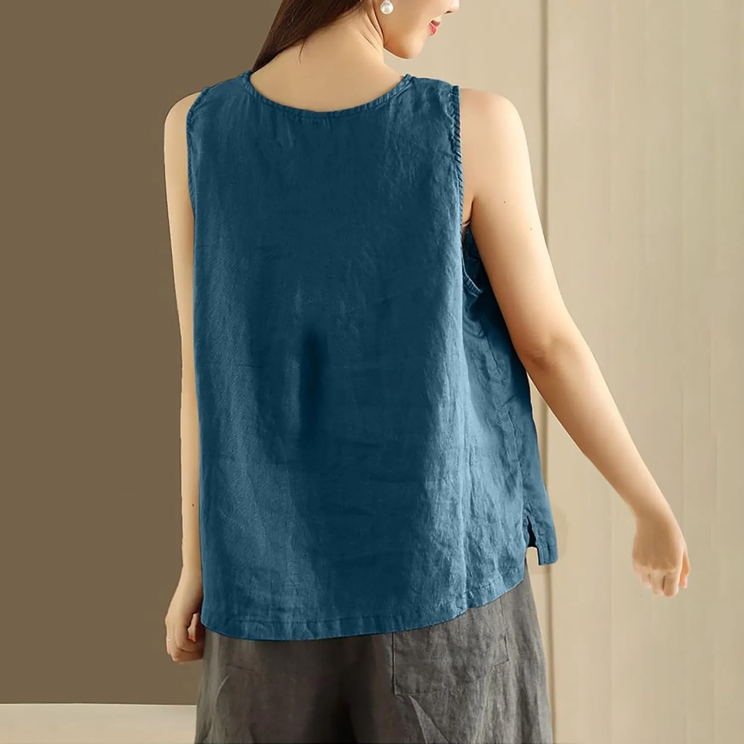 Plus Size Tank Tops Womens Summer Cotton Linen Sleeveless Button Decor Blouse Casual Fashion Loose Fit Beach Shirts