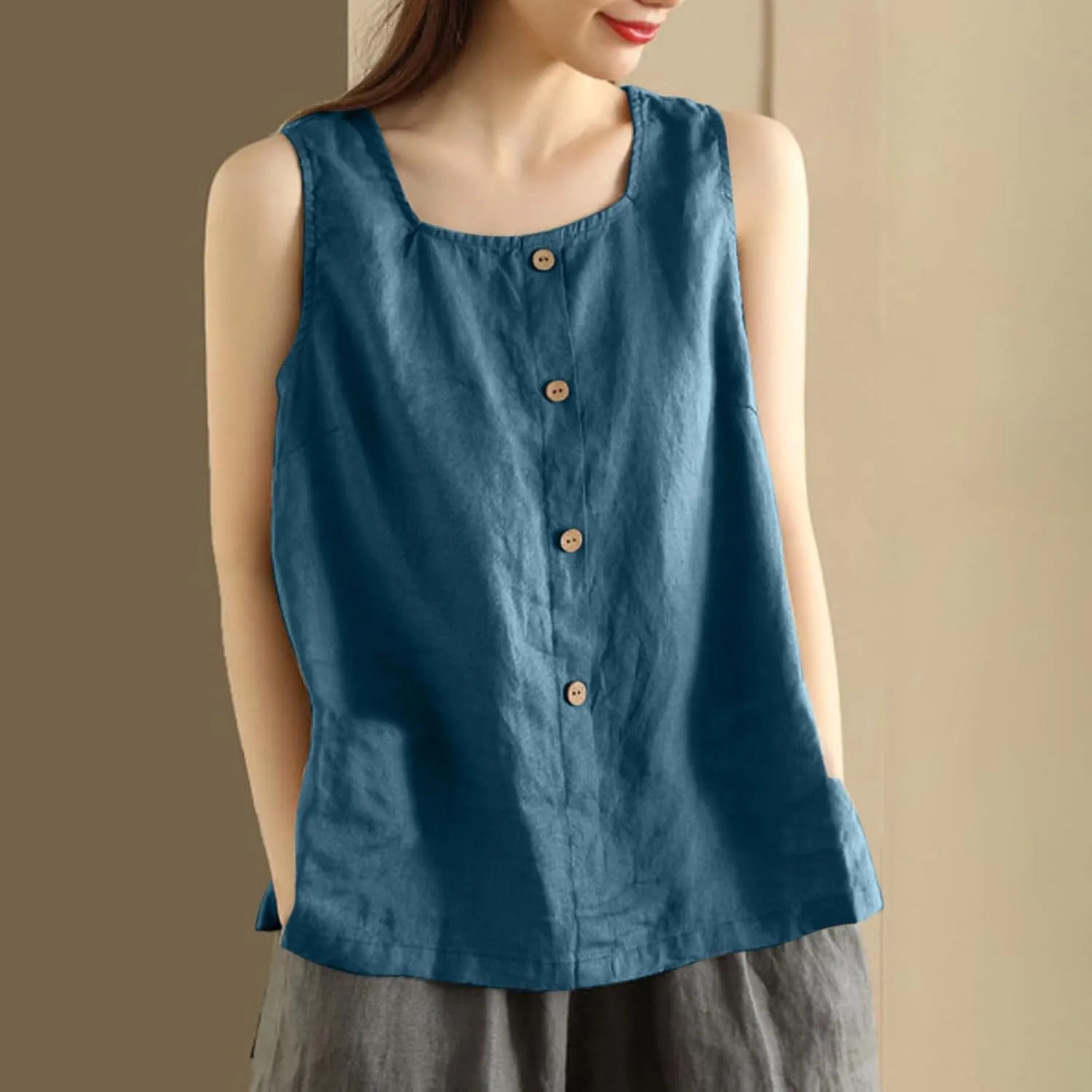 Plus Size Tank Tops Womens Summer Cotton Linen Sleeveless Button Decor Blouse Casual Fashion Loose Fit Beach Shirts