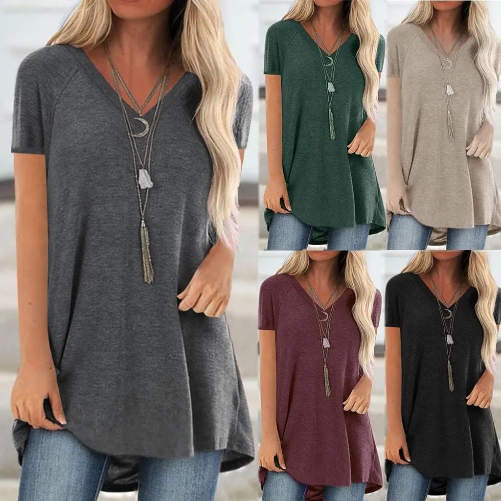 Plus Size Tunic Tops for Women Long Flowy Shirts for Leggings Short Sleeve V Neck/Crewneck Tees Blouse