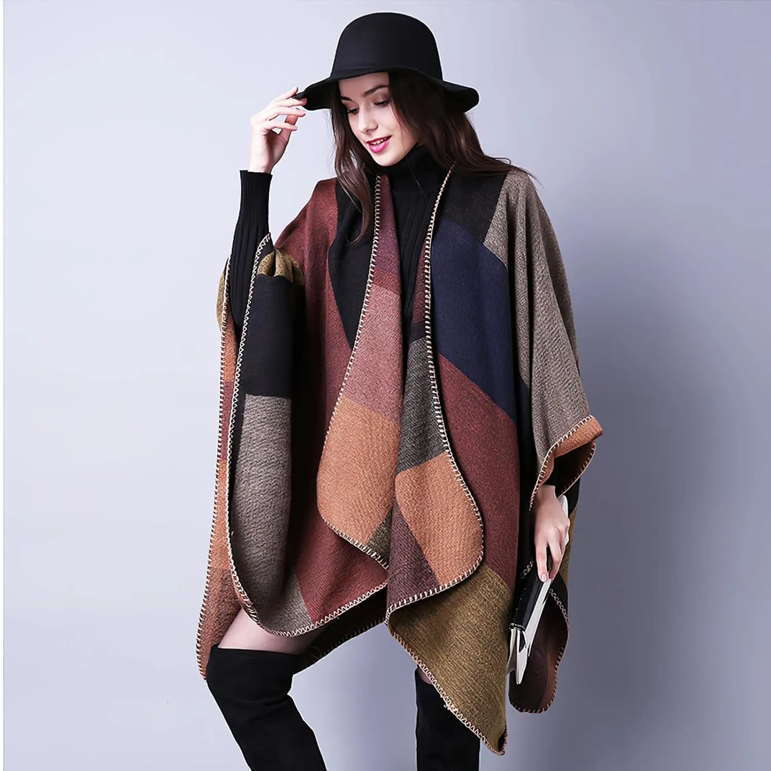 Poncho Shawl Wraps for Women, Women's Soft Warm Ponchos Sweaters Open Front Travel Poncho Cape for fall winter Spring