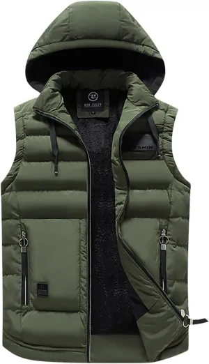 Puffer Vest with Hoodie Men Big and Tall Warm Vest Zip Up Sleeveless Jacket Lightweight Winter Vest with Pockets