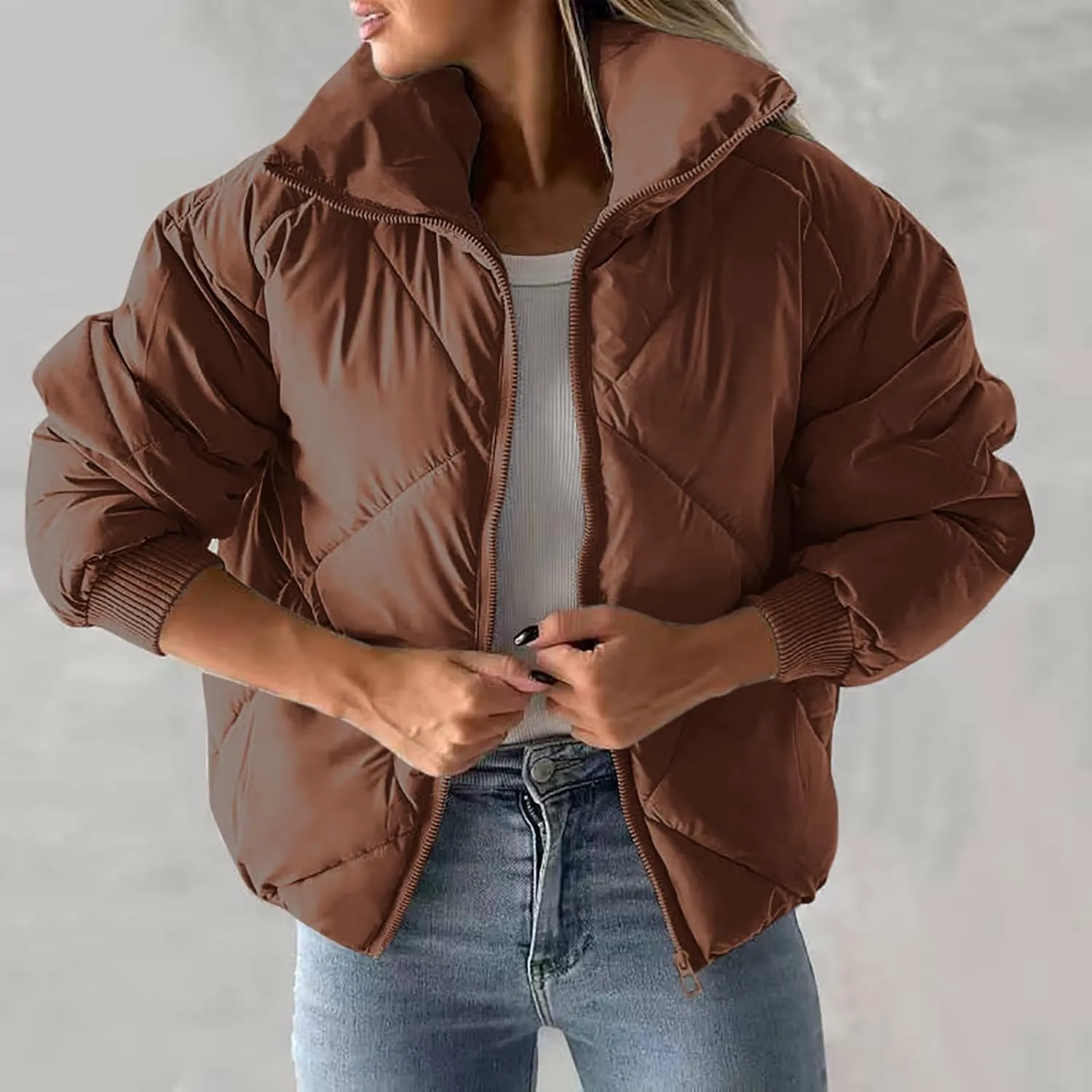 Quilted Jackets for Women 2024 Zip up Puffer Jacket Padded Down Jacket Warm Insulated Jackets Thermal Winter Coat