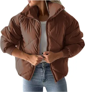 Quilted Jackets for Women 2024 Zip up Puffer Jacket Padded Down Jacket Warm Insulated Jackets Thermal Winter Coat