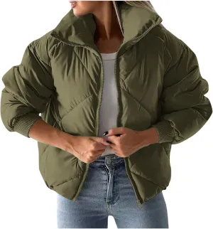 Quilted Jackets for Women 2024 Zip up Puffer Jacket Padded Down Jacket Warm Insulated Jackets Thermal Winter Coat