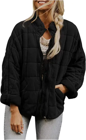 Quilted Jackets for Women Lightweight Dolman Sleeve Down Coats Zipper Padded Bomber Jackets Outwear with Pocket
