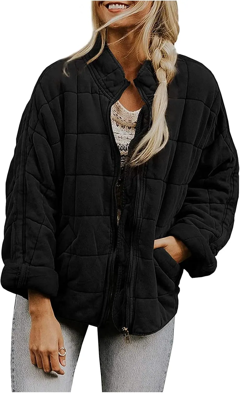 Quilted Jackets for Women Lightweight Dolman Sleeve Down Coats Zipper Padded Bomber Jackets Outwear with Pocket