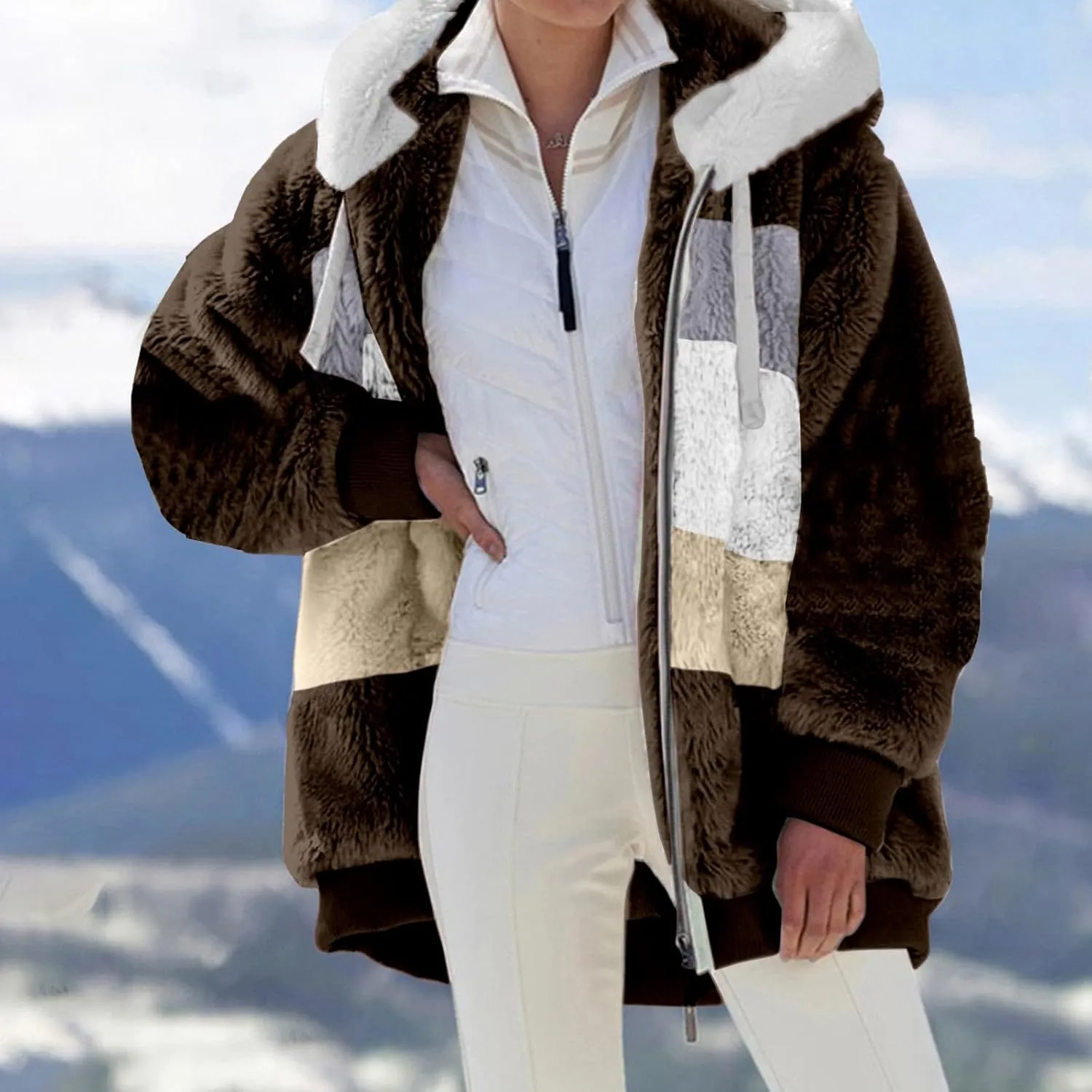 QWENTMTNTY Lightweight Winter Jackets for Women Plus Size Shaggy Jacket Camping Casual Winter Jackets Waterproof Sherpa