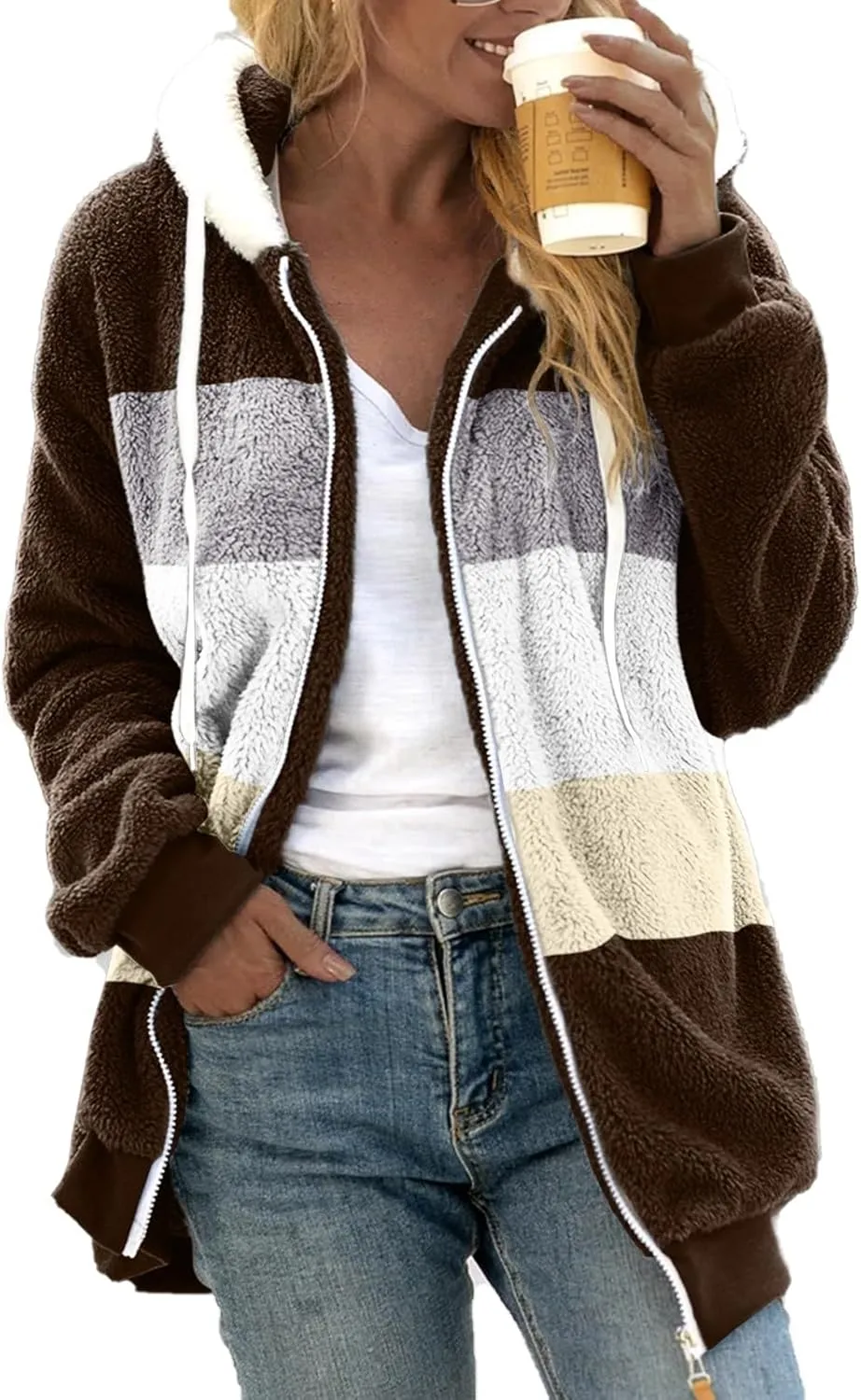 QWENTMTNTY Lightweight Winter Jackets for Women Plus Size Shaggy Jacket Camping Casual Winter Jackets Waterproof Sherpa
