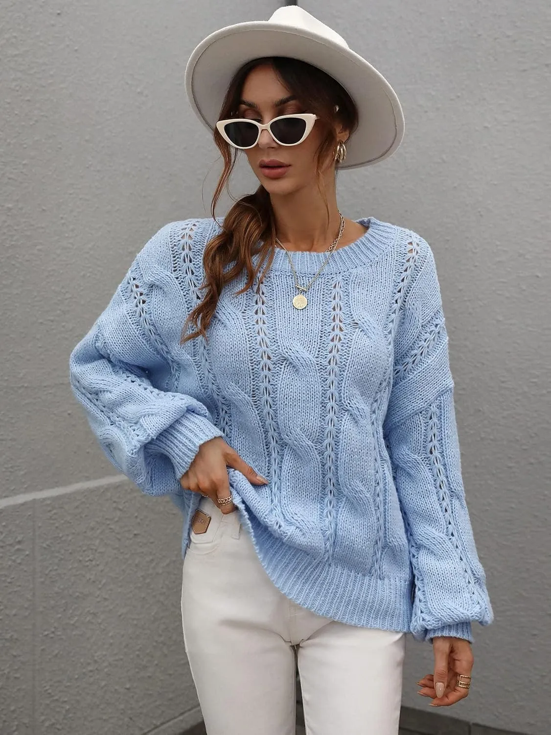 RFME Sweaters for Women Cable Knit Drop Shoulder Sweater Sweaters (Color : Blue, Size : Medium)