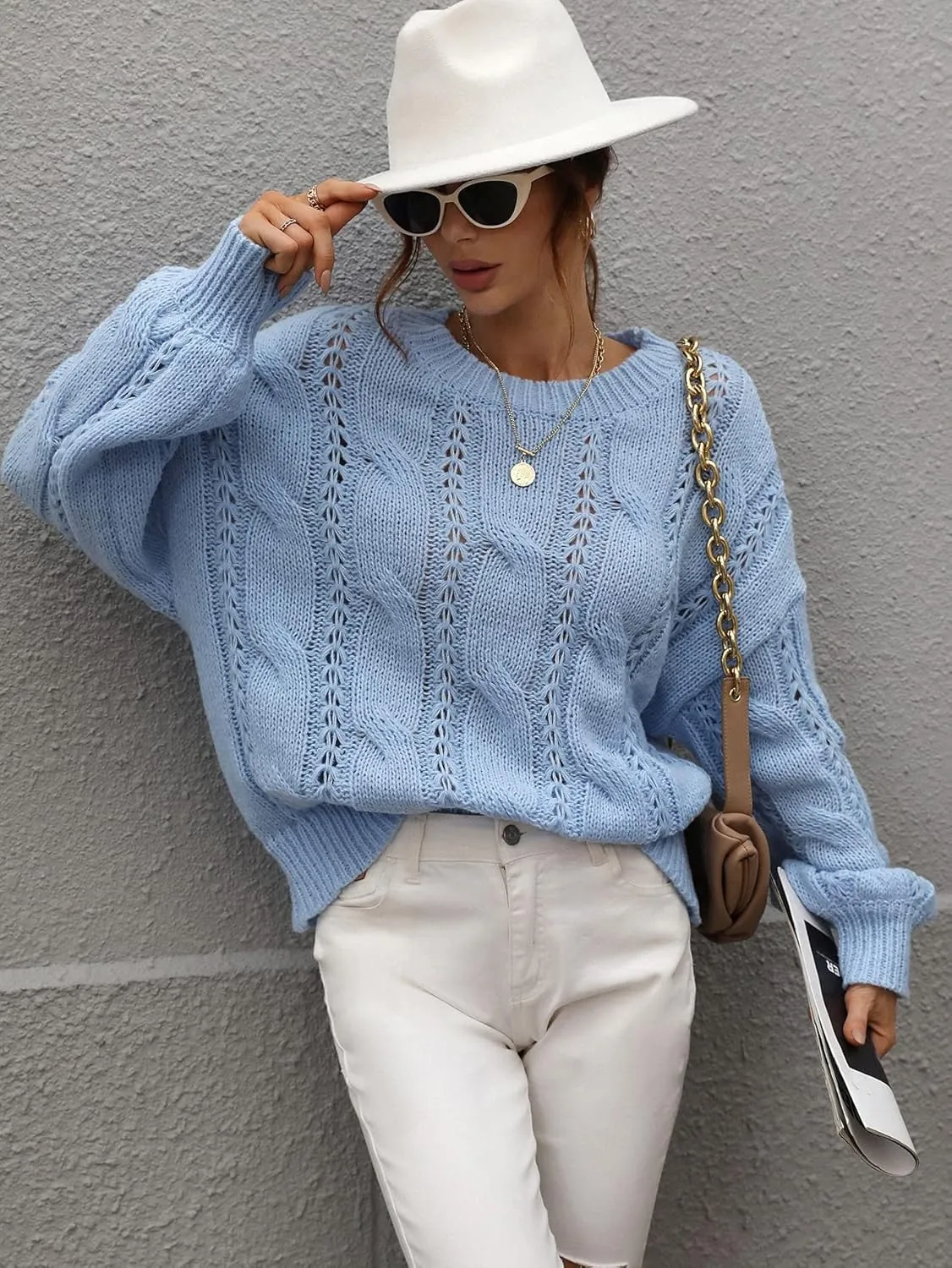 RFME Sweaters for Women Cable Knit Drop Shoulder Sweater Sweaters (Color : Blue, Size : Medium)