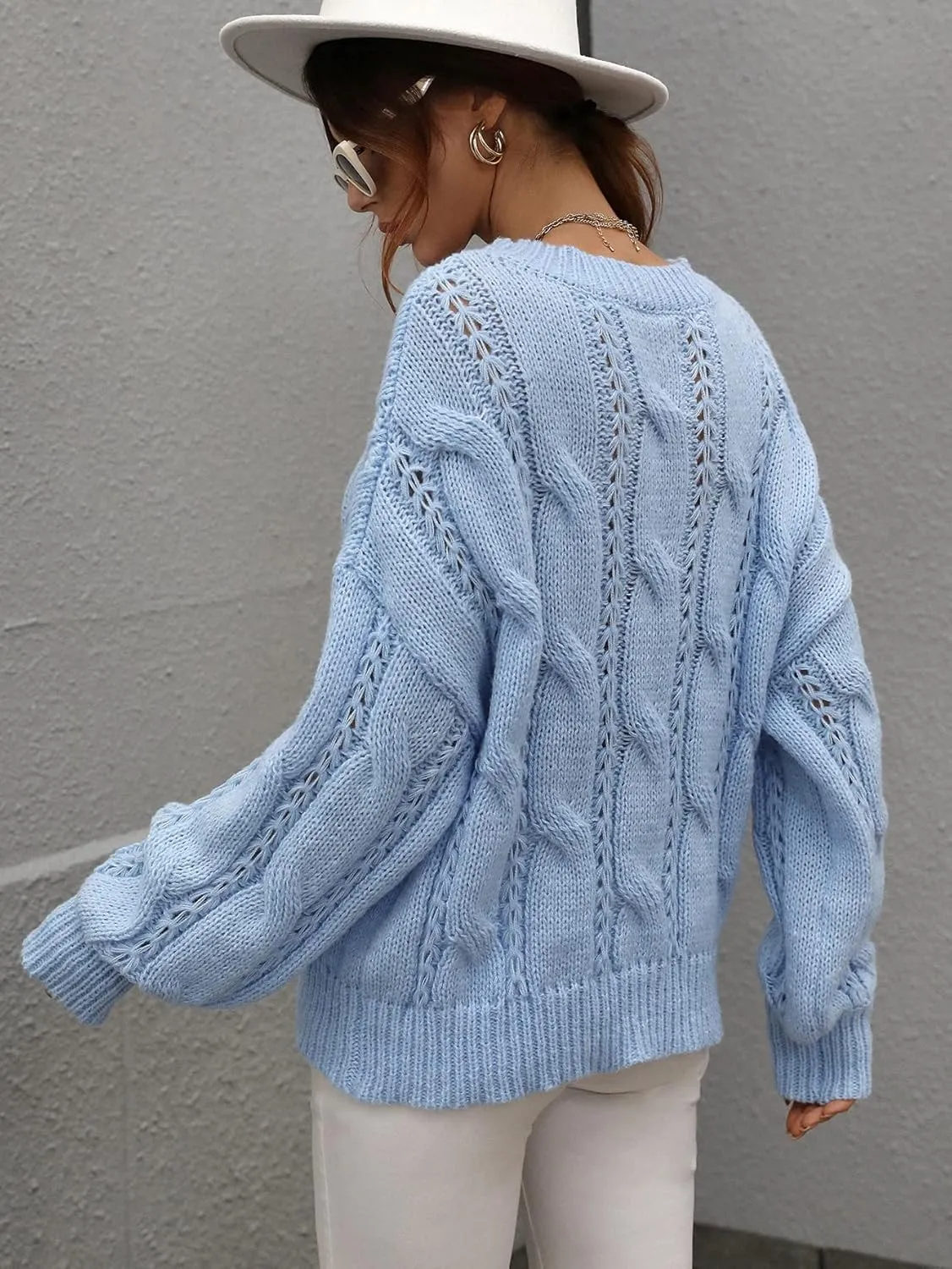 RFME Sweaters for Women Cable Knit Drop Shoulder Sweater Sweaters (Color : Blue, Size : Medium)