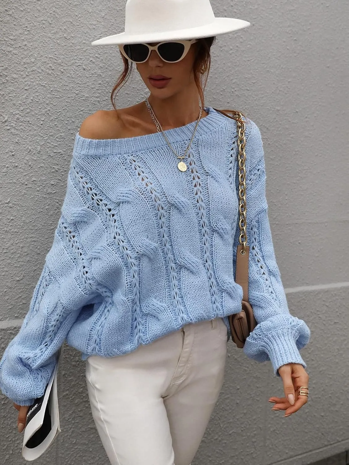 RFME Sweaters for Women Cable Knit Drop Shoulder Sweater Sweaters (Color : Blue, Size : Medium)
