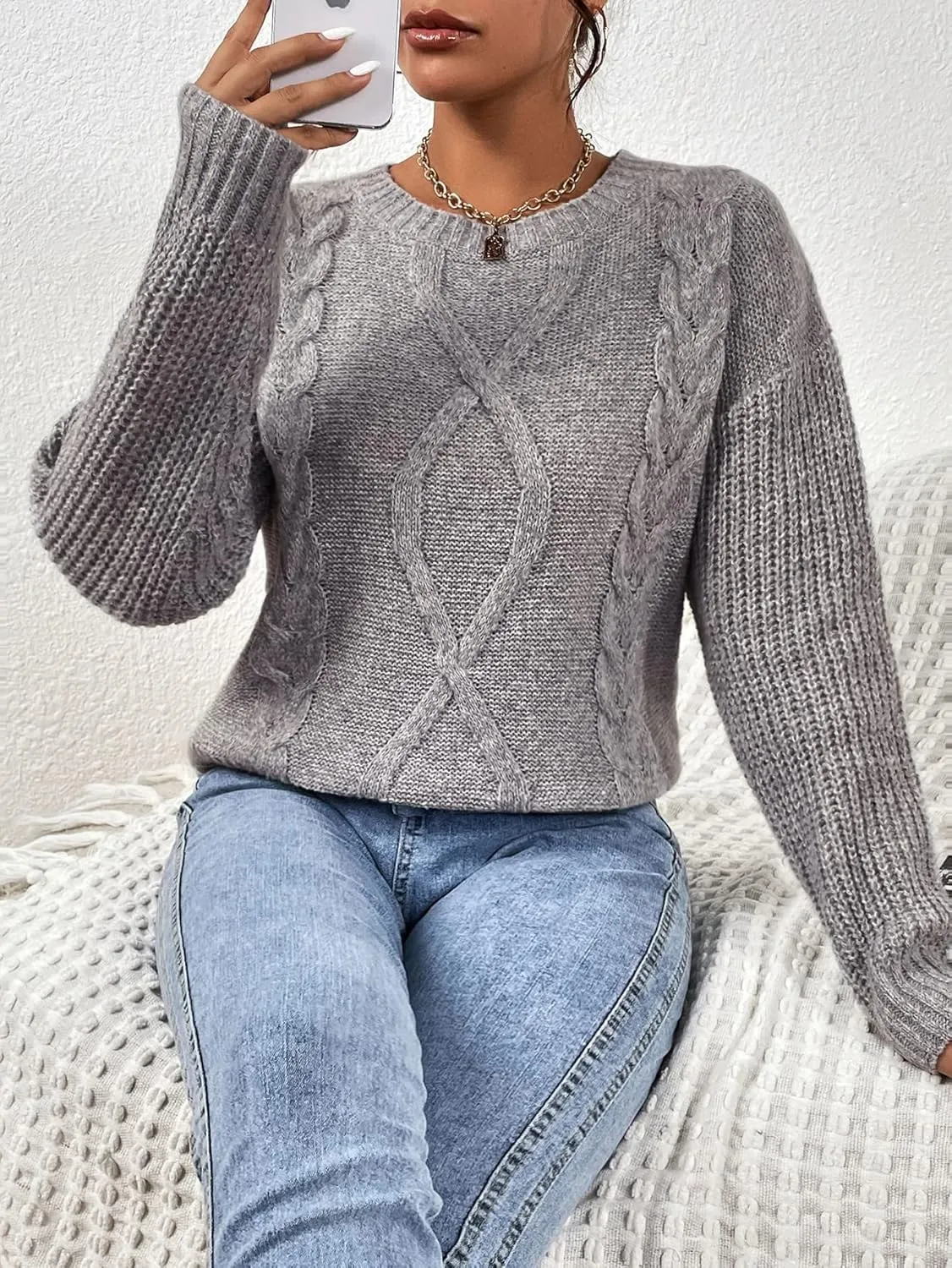 RFME Sweaters for Women Cable Knit Drop Shoulder Sweater Sweaters (Color : Gray, Size : Small)