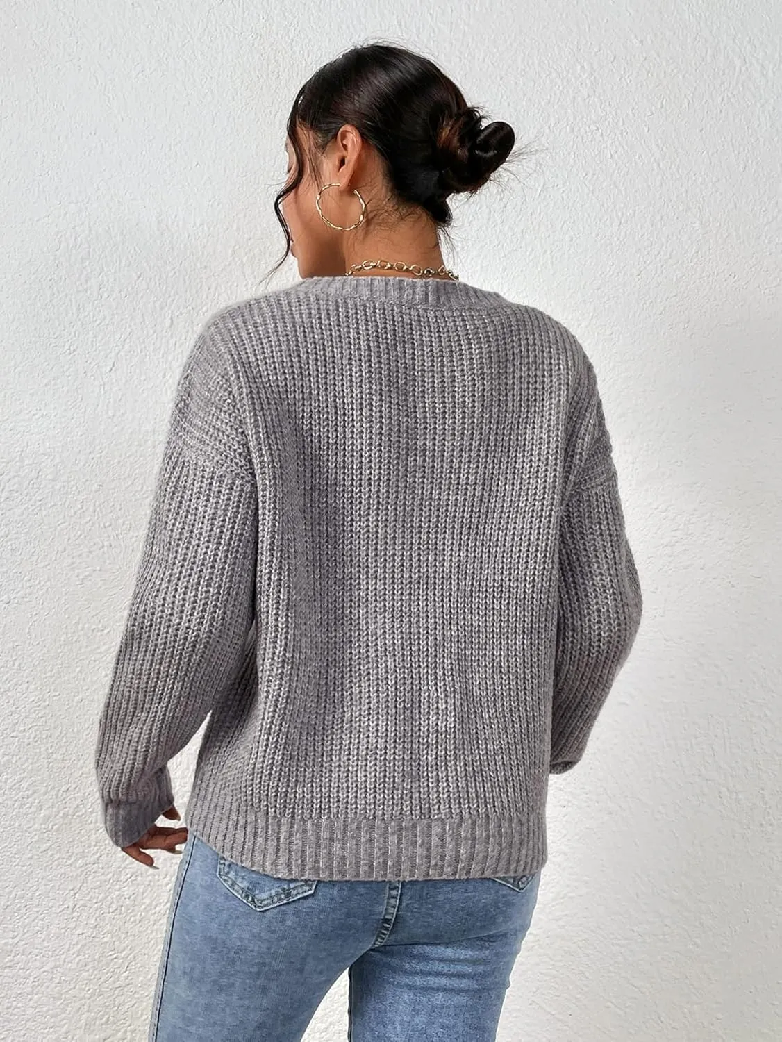 RFME Sweaters for Women Cable Knit Drop Shoulder Sweater Sweaters (Color : Gray, Size : Small)