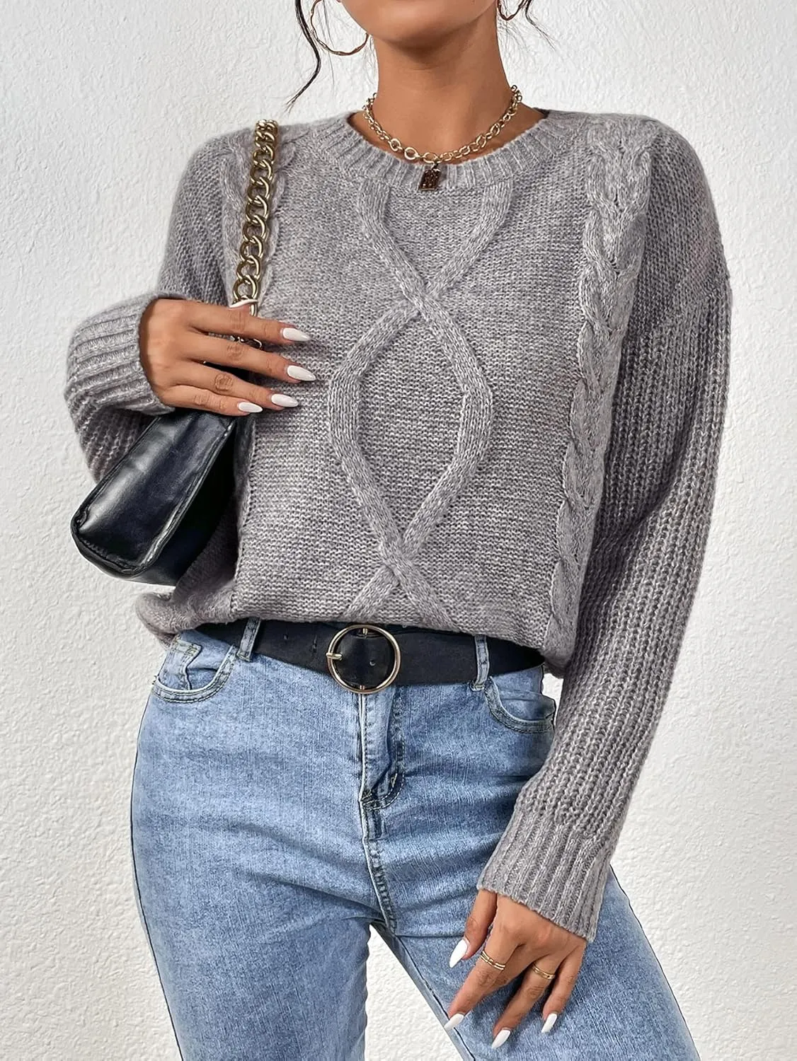 RFME Sweaters for Women Cable Knit Drop Shoulder Sweater Sweaters (Color : Gray, Size : Small)