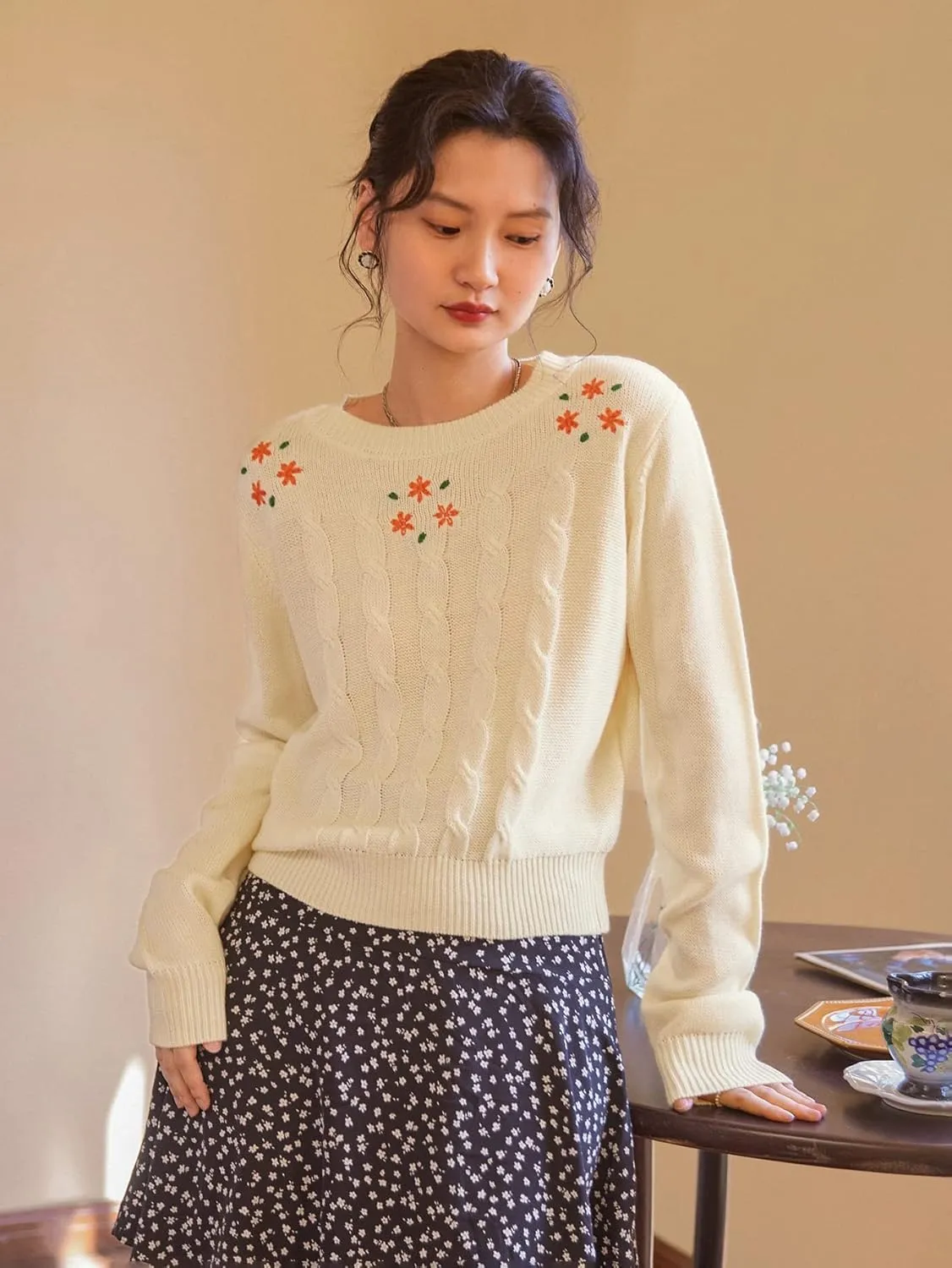 RFME Sweaters for Women Cable Knit Embroidery Sweater Sweaters (Color : Beige, Size : Medium)