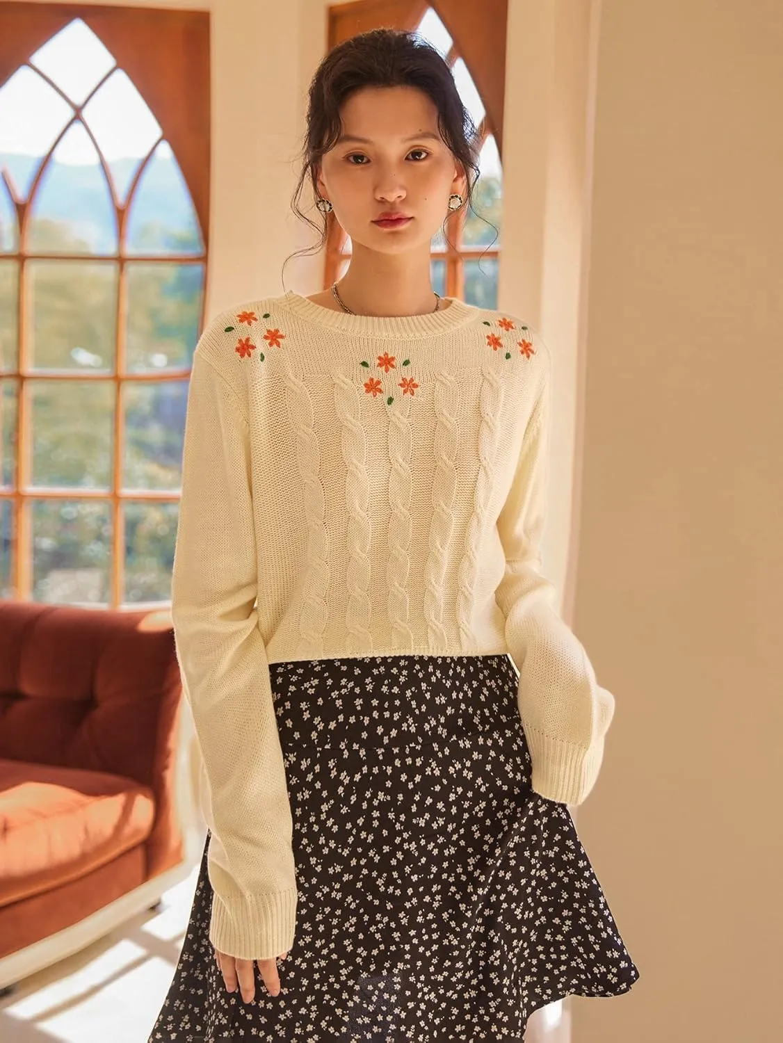 RFME Sweaters for Women Cable Knit Embroidery Sweater Sweaters (Color : Beige, Size : Medium)