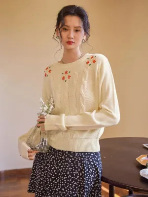 RFME Sweaters for Women Cable Knit Embroidery Sweater Sweaters (Color : Beige, Size : Medium)