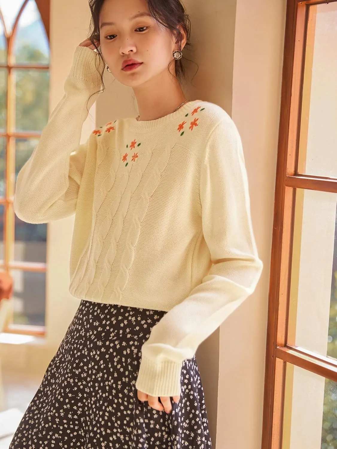 RFME Sweaters for Women Cable Knit Embroidery Sweater Sweaters (Color : Beige, Size : Medium)