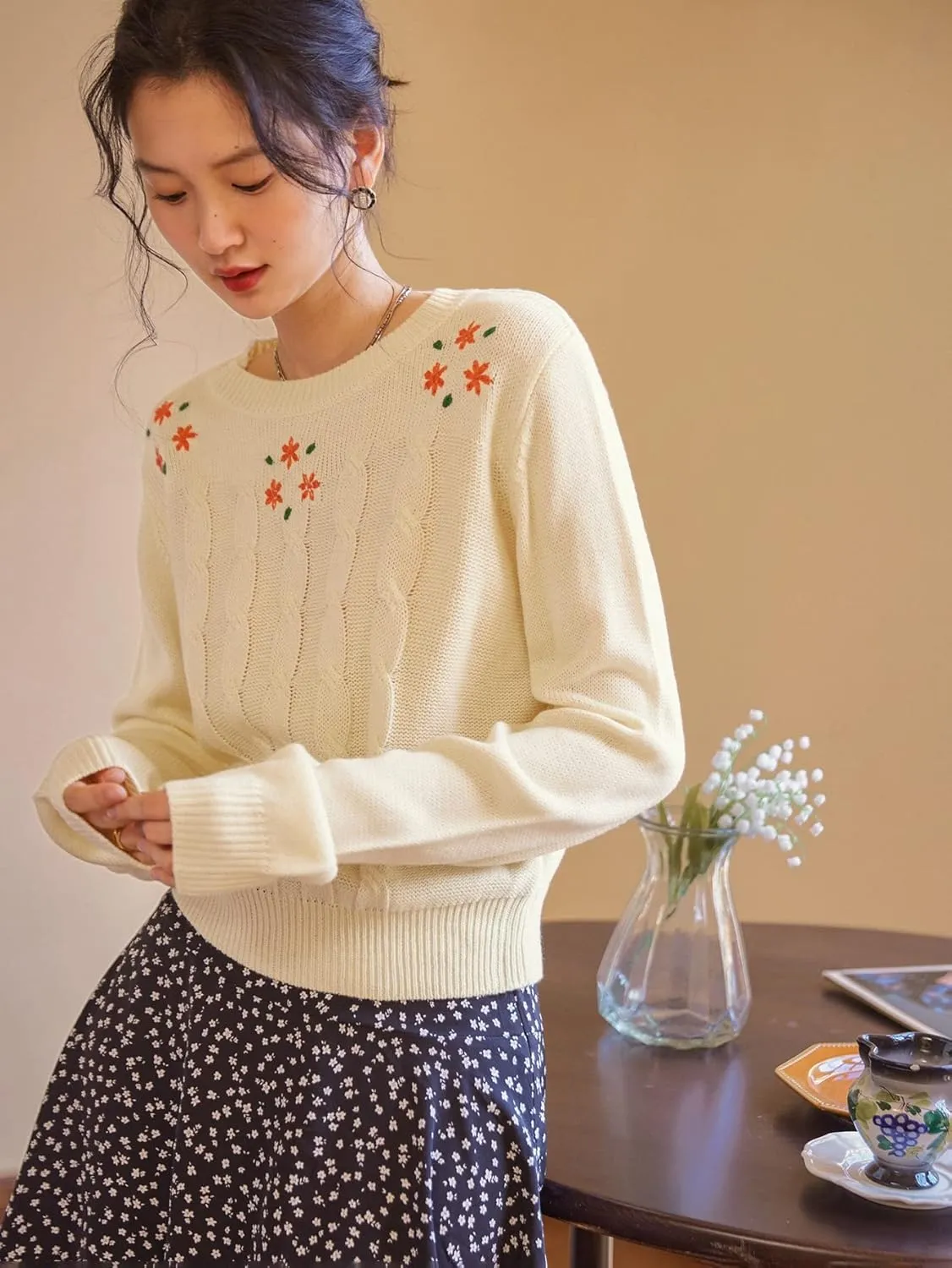 RFME Sweaters for Women Cable Knit Embroidery Sweater Sweaters (Color : Beige, Size : Medium)
