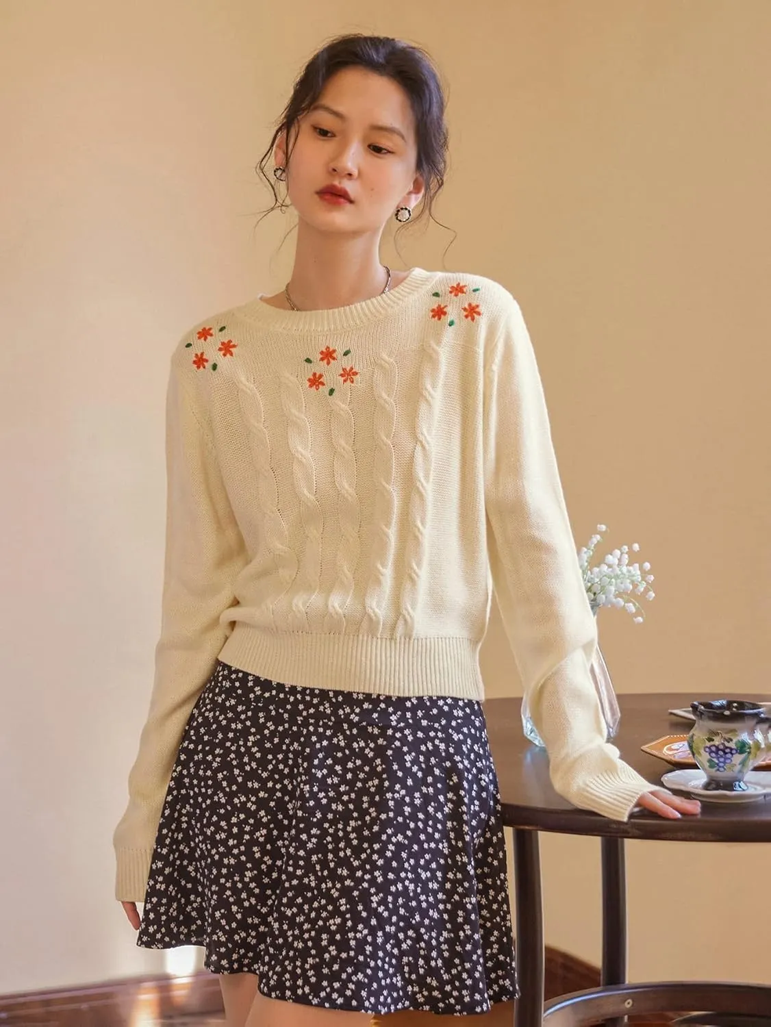 RFME Sweaters for Women Cable Knit Embroidery Sweater Sweaters (Color : Beige, Size : Medium)